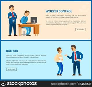 Bad job and worker control vector web pages, unsatisfied boss claiming frustrated manager by improperly done work. Leader businessman, conflict at work. Bad Job and Worker Control Vector Web Pages, Boss