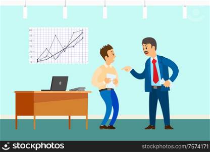 Bad job, angry boss and irresponsible employee. Wrong statistical report or paperwork, rebuke in office with desktop and graphic vector illustration.. Bad Job, Angry Boss and Irresponsible Employee