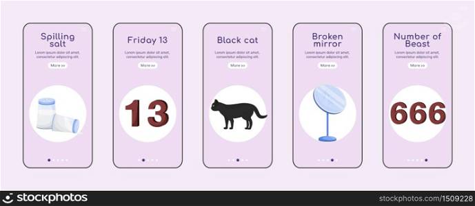 Bad luck signs onboarding mobile app screen flat vector template. Common superstitions walkthrough website steps with characters. UX, UI, GUI smartphone cartoon interface, case prints set