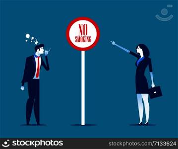 Bad man office worker smoking near sign no smoke. Concept business vector illustration.