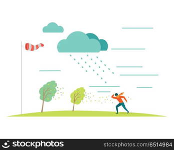 Bad or stormy weather vector concept. Flat design. Man in scarf moving against the strong wind in the rain, storm blowing trees leaves, windsock on pole shows wind direction. For weather concepts. Bad Weather Vector Concept in Flat Design. Bad Weather Vector Concept in Flat Design