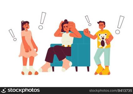Bad parenting day flat vector spot illustration. Tired mom and siblings having fight 2D cartoon characters on white for web UI design. Hispanic family at home isolated editable creative hero image. Bad parenting day flat vector spot illustration