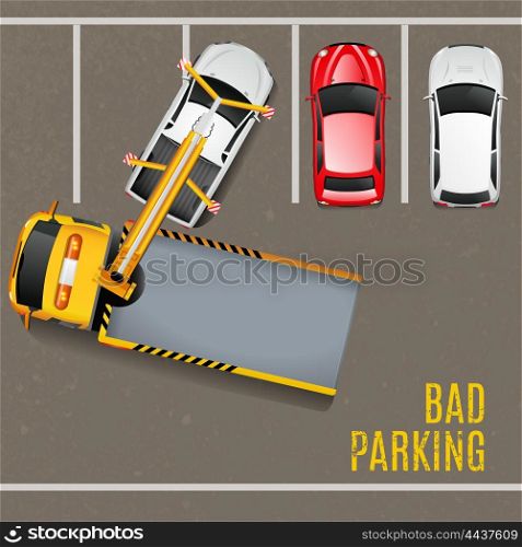Bad Parking Top View Background. Bad Parking Top View Background. Tow Truck Vector Illustration. Bad Parking Cartoon Design. Tow Truck Working Decorative Symbols.
