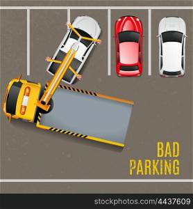 Bad Parking Top View Background. Bad Parking Top View Background. Tow Truck Vector Illustration. Bad Parking Cartoon Design. Tow Truck Working Decorative Symbols.