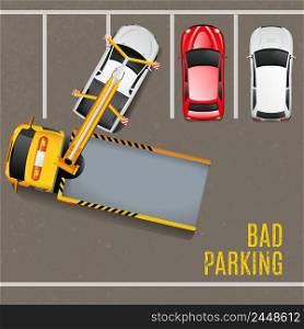Bad Parking Top View Background. Tow Truck Vector Illustration. Bad Parking Cartoon Design. Tow Truck Working Decorative Symbols. . Bad Parking Top View Background