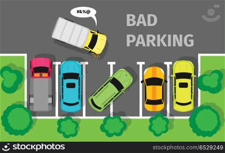 Bad Parking Top View. City parking vector web banner. Flat style. Shortage parking spaces. Large number of cars in a crowded parking. Urban infrastructure and car boom. Bad parking