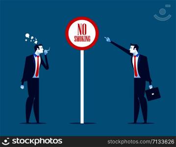 Bad people office worker smoking near sign no smoke. Concept business vector illustration.