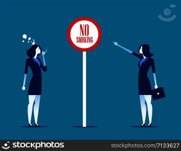 Bad people office worker smoking near sign no smoke. Concept business vector illustration.