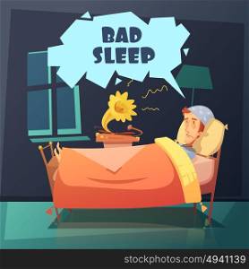 Bad Sleep Illustration. Color illustration depicting man in bed at night with nightcap near gramophone with title bad sleep vector illustration