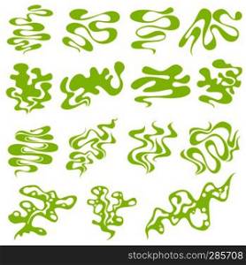 Bad smell and toxic gas clouds. Stench smoke and skunk aroma cartoon vector set. Cloud aroma green toxic illustration. Bad smell and toxic gas clouds. Stench smoke and skunk aroma cartoon vector set