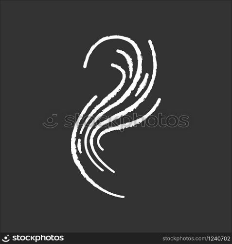Bad smell chalk white icon on black background. Stink cloud. Toxic emission, scent. Gas, stench. Hot air odor. Smoke stream, fume swirls, evaporation malodor. Isolated vector chalkboard illustration