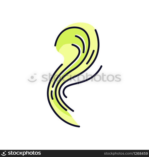 Bad smell green RGB color icon. Stink cloud. Toxic emission, scent. Gas, stench. Reek curves. Hot air odor. Smoke stream, fume swirls, evaporation malodor. Isolated vector illustration