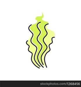 Bad smell green RGB color icon. Stinky scent. Toxic gas, stench. Fragrance curves. Dirty air odor, emission. Smoke stream, fume swirls, evaporation malodor. Isolated vector illustration