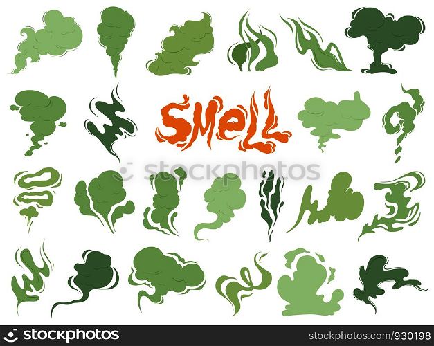 Bad smell. Steam smoke clouds of cigarettes or expired old food vector cooking cartoon icons. Illustration of smell vapor, cloud green aroma. Bad smell. Steam smoke clouds of cigarettes or expired old food vector cooking cartoon icons