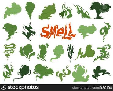 Bad smell. Steam smoke clouds of cigarettes or expired old food vector cooking cartoon icons. Illustration of smell vapor, cloud green aroma. Bad smell. Steam smoke clouds of cigarettes or expired old food vector cooking cartoon icons