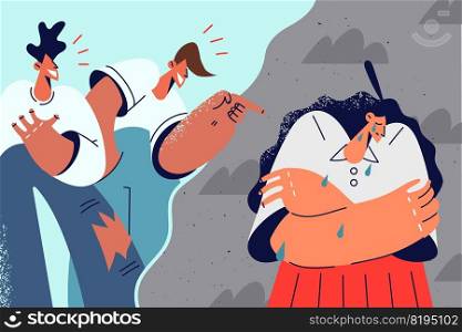 Bad unfriendly guys laughing at unhappy stressed female student. Aggressive students point with finger bullying harassing girl in school. Mockery and harassment. Vector illustration.. Bad guys laughing at upset girl student