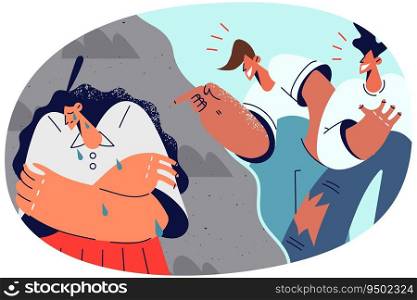 Bad unfriendly guys laughing at unhappy stressed female student. Aggressive students point with finger bullying harassing girl in school. Mockery and harassment. Vector illustration.. Bad guys laughing at upset girl student