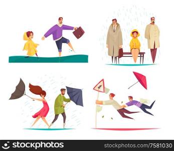 Bad weather concept 4 flat funny compositions with people holding flipping inside out umbrellas isolated vector illustration