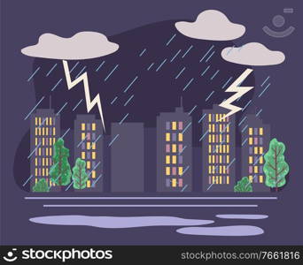 Bad weather conditions in city with skyscrapers and trees. Rainfall and thunderbolts with thick clouds and raindrops. Spring or summer climate in town. Cityscape with dramatic scenery vector. Thunderstorm and Rain in City, Rainfall in Town