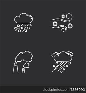 Bad weather forecast chalk white icons set on black background. Meteorology, atmosphere condition prediction. Hail, blowing snow, smoke and thunderstorm. Isolated vector chalkboard illustrations. Bad weather forecast chalk white icons set on black background