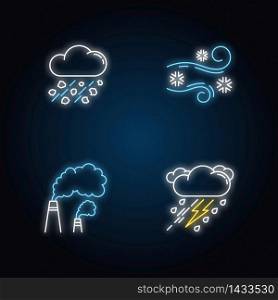 Bad weather forecast neon light icons set. Meteorology, atmosphere condition signs with outer glowing effect. Hail, blowing snow, smoke and thunderstorm. Vector isolated RGB color illustrations. Bad weather forecast neon light icons set