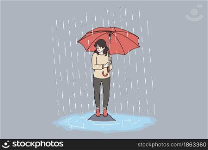 Bad weather, rain, storm concept. Young sad frustrated girl cartoon character standing with red big umbrella under storm flood vector illustration . Bad weather, rain, storm concept