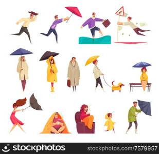 Bad windy rainy weather funny cartoon icons set with people holding flipping inside out umbrellas vector illustration