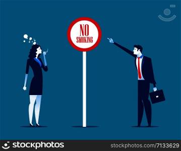 Bad woman office worker smoking near sign no smoke. Concept business vector illustration.