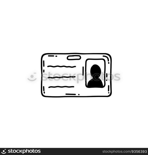 Badge and ID card. Identity of the reporter and the employee. Doodle plastic card with photo and information. Sketch cartoon. Badge and ID card. Identity of the reporter