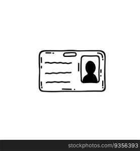 Badge and ID card. Identity of the reporter and the employee. Doodle plastic card with photo and information. Sketch cartoon. Badge and ID card. Identity of the reporter