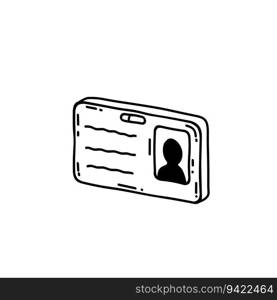 Badge and ID card. Identity of the reporter and the employee. Doodle plastic card with photo and information. Sketch cartoon. Badge and ID card. Sketch cartoon.