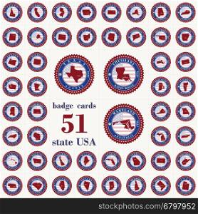 Badge cards of State USA. Stylized label sticker with the name of the State, year of creation, the contour maps and the names abbreviations.