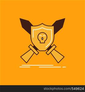 Badge, emblem, game, shield, swords Flat Line Filled Icon. Beautiful Logo button over yellow background for UI and UX, website or mobile application. Vector EPS10 Abstract Template background