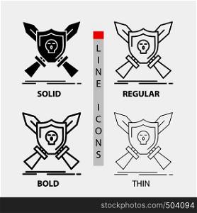 Badge, emblem, game, shield, swords Icon in Thin, Regular, Bold Line and Glyph Style. Vector illustration. Vector EPS10 Abstract Template background