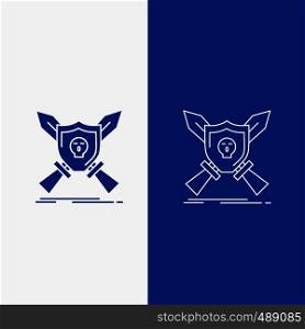 Badge, emblem, game, shield, swords Line and Glyph web Button in Blue color Vertical Banner for UI and UX, website or mobile application. Vector EPS10 Abstract Template background