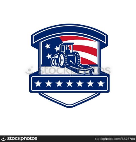 Badge icon retro style illustration for brush hogging service showing a brush or bush hog or rotary mower set inside shield with American stars and stripes USA flag in background.. Brush Hogging Services USA Flag Badge