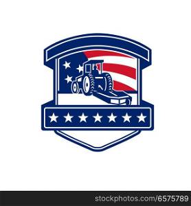 Badge icon retro style illustration for brush hogging service showing a brush or bush hog or rotary mower set inside shield with American stars and stripes USA flag in background.. Brush Hogging Services USA Flag Badge