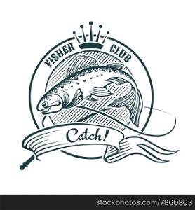 Badge or label with jumping salmon. Good for your fishing club logo. Isolated on White.