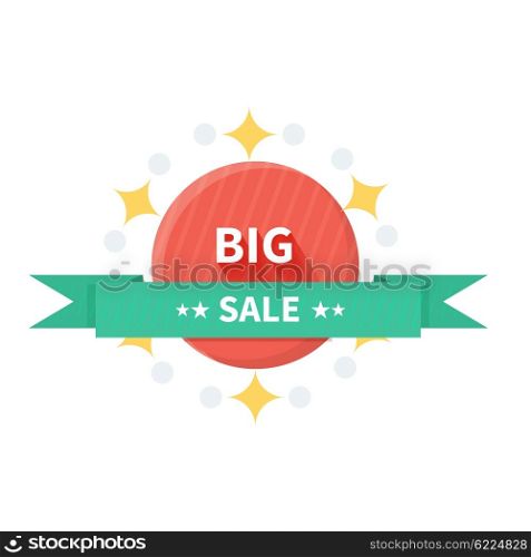 Badge sale with ribbon design flat. Shopping and for sale sign, sale tag, marketing and selling, ribbon and label sale, emblem commerce insignia vector illustration