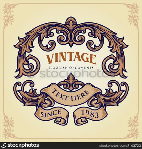 Badge Vintage Flourish Label Ornaments Vector illustrations for your work Logo, mascot merchandise t-shirt, stickers and Label designs, poster, greeting cards advertising business company or brands.