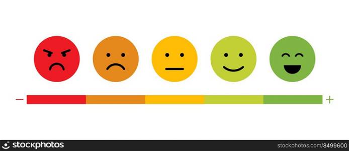 Badge with happy and unhappy faces icons. Feedback rating scale of red, orange, yellow, light green and green emoticon. Flat vector illustration