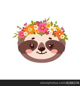 Badger cute cartoon animal with flower wreath on head. Vector comic wildlife animal with bouquet crown. Cute badger portrait with floral decoration. Badger cute cartoon animal with flower wreath
