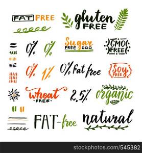 Badges and labels for homemade natural products. Gmo, gluten, fat, wheat and sugar free handwritten texts. Vector design.. Badges and labels for homemade natural products. Gmo, gluten, fat, wheat and sugar free handwritten texts. Vector design