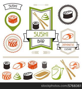 Badges and labels set with various sushi. Japanese traditional cuisine illustration.