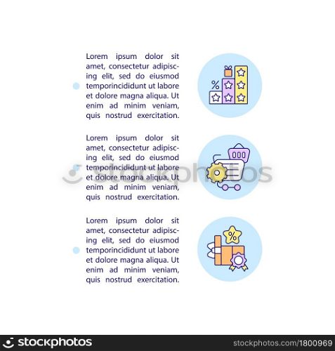 Badges program concept line icons with text. PPT page vector template with copy space. Brochure, magazine, newsletter design element. Stamps reward system linear illustrations on white. Badges program concept line icons with text