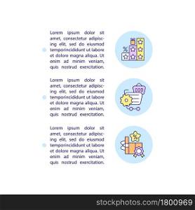 Badges program concept line icons with text. PPT page vector template with copy space. Brochure, magazine, newsletter design element. Stamps reward system linear illustrations on white. Badges program concept line icons with text