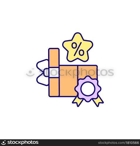 Badges program RGB color icon. Reward system to engage customers. Win stamps to gain shopping points and bonuses. Gamification method. Isolated vector illustration. Simple filled line drawing. Badges program RGB color icon