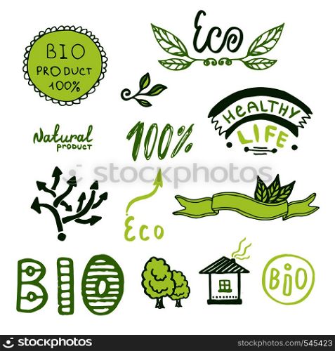 Badges set. Green ribbons plants elements. Hand drawn. Badges, label, logo set. Green ribbons, plants elements. Organic, bio, ecology design template.