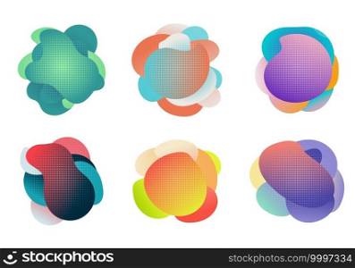 Badges set of fluid or liquid gradient shapes elements with halftone effect isolated on white background. Vector illustration