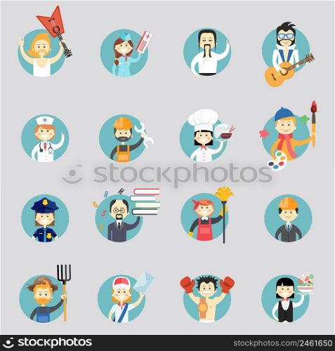Badges with avatars of different professions with musicians martial arts doctor construction worker chef artist policewoman professor cleaner architect farmer postman and waitress